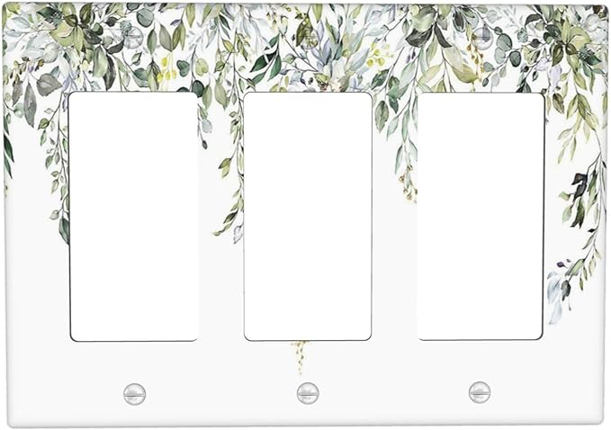 Light Switch Covers Boho Farmhouse Flower Leaf Sage Green 3 Gang Rocker Electrical GFCI Decorative Triple Outlet Wall Plate Cover Switchplate for Bedroom Cabin Decor