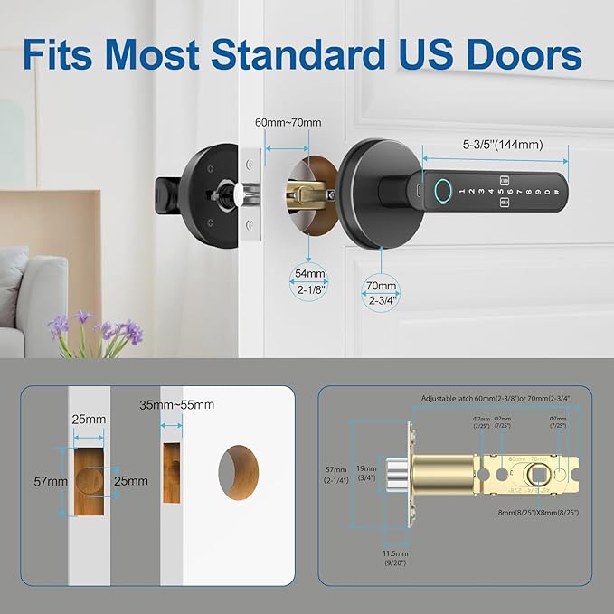 Fingerprint Door Lock – Fingerprint Door Knob Knob with 5 Unlock Options, Anti-Peep Code, Adjustable Auto-Lock, Inside Lock, for Home, Office, Apartment, Bedroom – Black