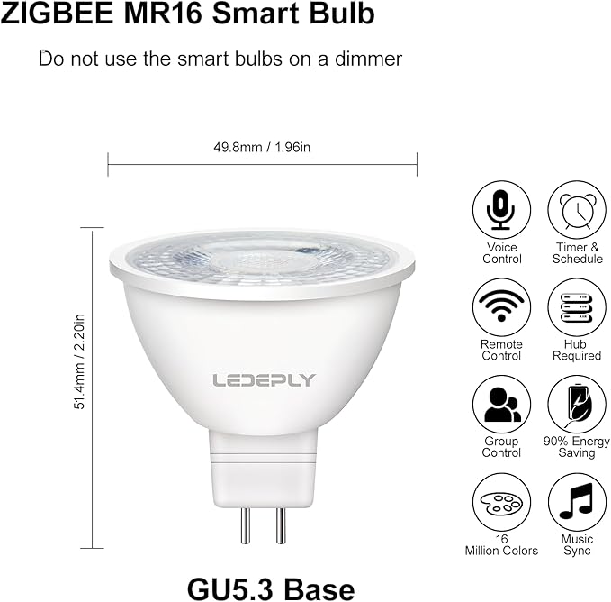 Zigbee MR16 LED Smart Bulb, Hub Required, Compatible with Phi*Lip*s Hu*e*, Alexa, Google, & ConBee, 5W =50W, GU5.3, Dimmable, AC/DC 12V, Color Changing & Tunable White, 2-Pack