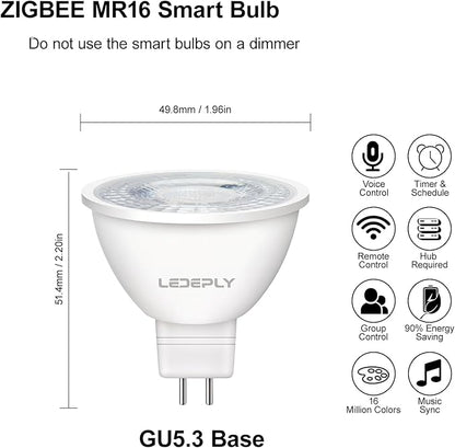 Zigbee MR16 LED Smart Bulb, Hub Required, Compatible with Phi*Lip*s Hu*e*, Alexa, Google, & ConBee, 5W =50W, GU5.3, Dimmable, AC/DC 12V, Color Changing & Tunable White, 2-Pack