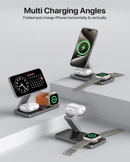 Foldable 3 in 1 Wireless Charging Station for Apple Compatible with Magsafe Charger Stand,Magnetic Wireless Charger Station for iPhone 17 Air16 15 14 13 12 Series,Airpods Pro,Apple Watch(Black)