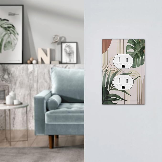 Decorative Outlet Covers Boho Mid Century Abstract Arch Green Leaves 1 Gang Duplex Light Switch Cover Plate Wall Plate Electrical Switch Plate Covers for Bedroom Home Decor（ 2 Pack）