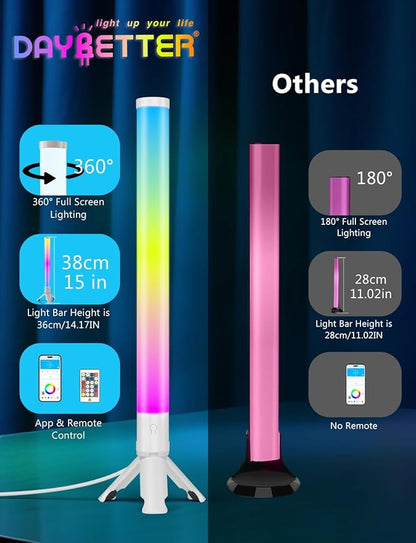 DAYBETTER RGB Light Bar, 360° Smart LED Light Bar for Room, Music Sync Gaming Lights, Color Changing TV Backlight App & Remote Control, Desk Lights Bars for Game Room, White