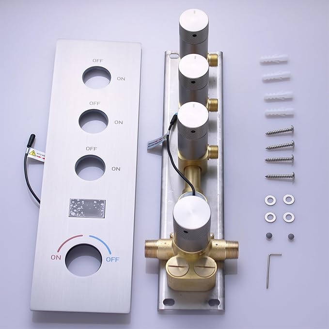 Triple Function Shower Diverter Digital Display Shower Mixer Valve Kit Replacement Temperature Control Valve with Individual On Off Flow Control Shower Valve, Brushed Nickel