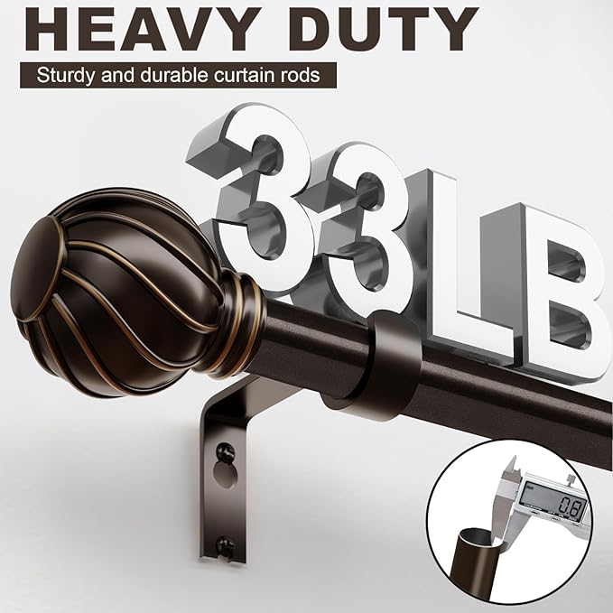Brown Curtain Rods for Windows 66 to 120 Inch Long Adjustable Window Curtain Rod 7/8" Diamete Heavy Duty with Decorative Finials for Farmhouse Bedroom Living Room Kitchen Outdoor