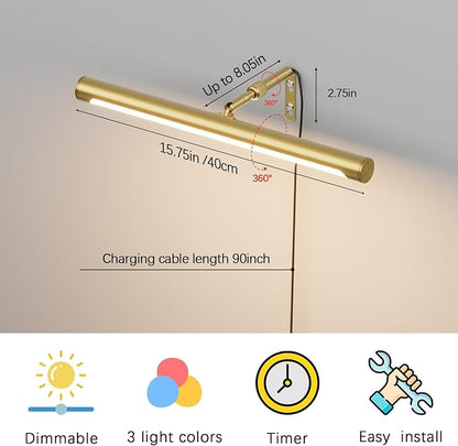 Picture Lights for Paintings Plug in, 16" Adjustable LED Gold Picture Light Art Light, Remote Control Gallery Painting Wall Light for Picture Display Dartboard Art Work (Gold)