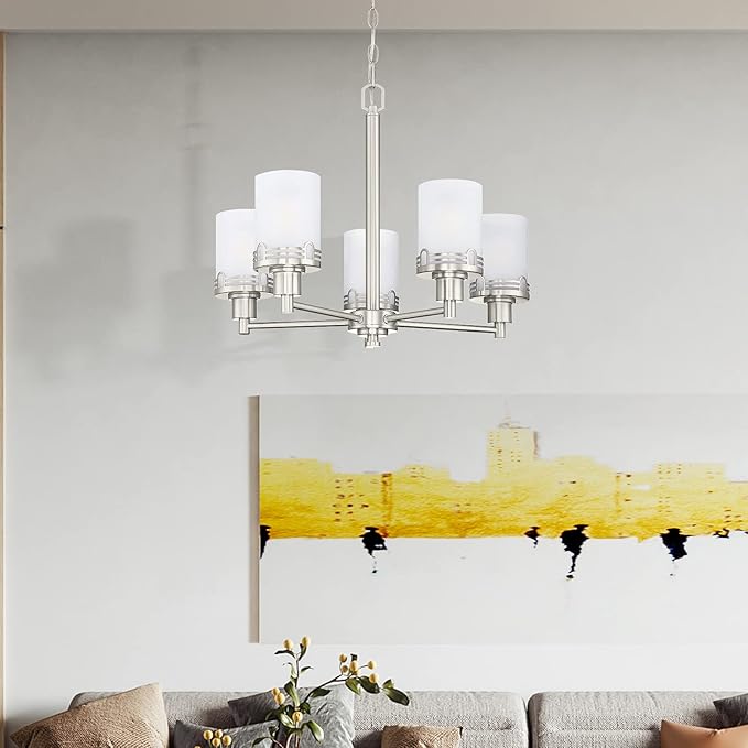 Doraimi Lighting 5 Light Fashion Kitchen Island Frosted Glass Shade+Hollow Metal Shade Chandelier Light Fixture,Brushed Nickel Finish Dining Room Living Room Corridor Bedroom