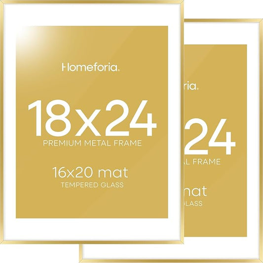 Homeforia 18 x 24 Poster Frame Gold, High End Metal 18x24 Picture Frames with Mat 16x20 Photo, 18 x 24 Gold Frame Matted to 16 by 20 Print, 24x18 Thin Hanging Frame, Tempered Glass, Wall Kit, Set of 2