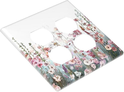 Colorful Flowers Pink Floral Watercolor Plant Outlet Covers 2 Gang Double Duplex Decorative Light Switch Covers Electrical Wallplates Socket Faceplate for Bed Room Living Room Decor