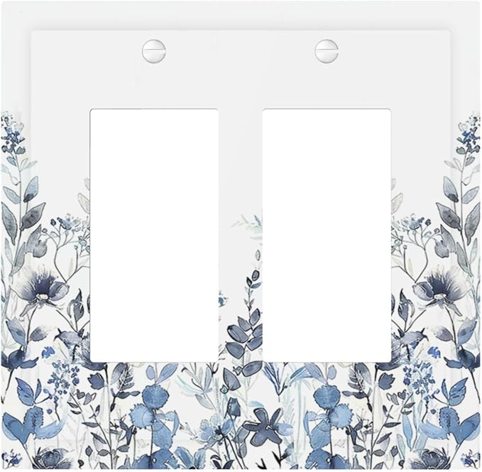 Decorative Outlet Covers Light Blue Watercolor Leaves Plant With Floral 2 Gang Double GFCI Rocker Electrical Wall Panels Light Switch Cover Plate for Bedroom Bathroom Decor