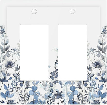 Decorative Outlet Covers Light Blue Watercolor Leaves Plant With Floral 2 Gang Double GFCI Rocker Electrical Wall Panels Light Switch Cover Plate for Bedroom Bathroom Decor