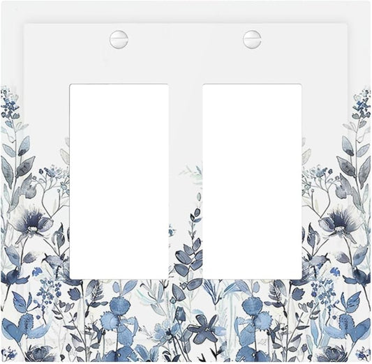 Decorative Outlet Covers Light Blue Watercolor Leaves Plant With Floral 2 Gang Double GFCI Rocker Electrical Wall Panels Light Switch Cover Plate for Bedroom Bathroom Decor