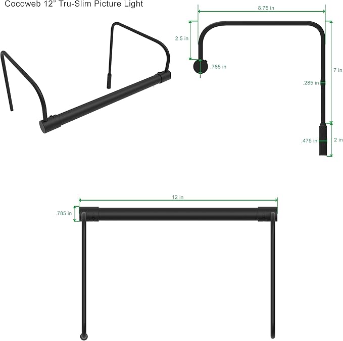 Cocoweb 12 Inch Tru-Slim Black Picture Light - LED, 2700K, Adjustable Arm, Plug-in, Toggle Switch, Sleek and Compact Design