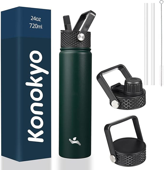 Insulated Water Bottle 24oz Stainless Steel Sport Bottles with 3 Lids,Army Green