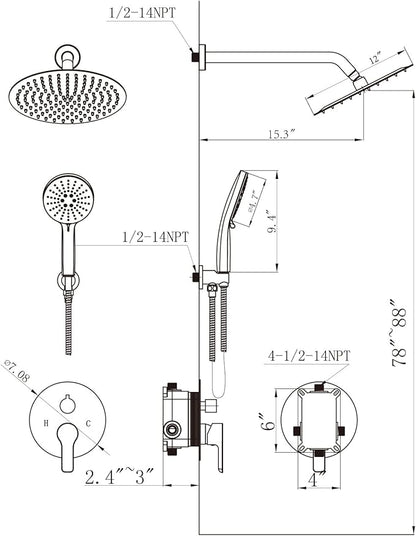 Shower Faucet Set 12IN Brass Rough-In Valve Body Trim Kit Rainfall Included Handle Accessories Complete 2 Functions with Rain Head and Handheld Bathroom Systems (12'', Matte Black)