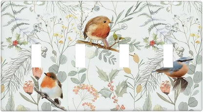 Light Switch Covers Red Floral Berries Colorful Bird Plant Quad Toggle Electrical Faceplate 4 Gang Wall Plate Decorative Switch Plates For Bed Room Living Room Decor