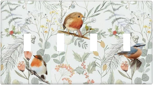 Light Switch Covers Red Floral Berries Colorful Bird Plant Quad Toggle Electrical Faceplate 4 Gang Wall Plate Decorative Switch Plates For Bed Room Living Room Decor