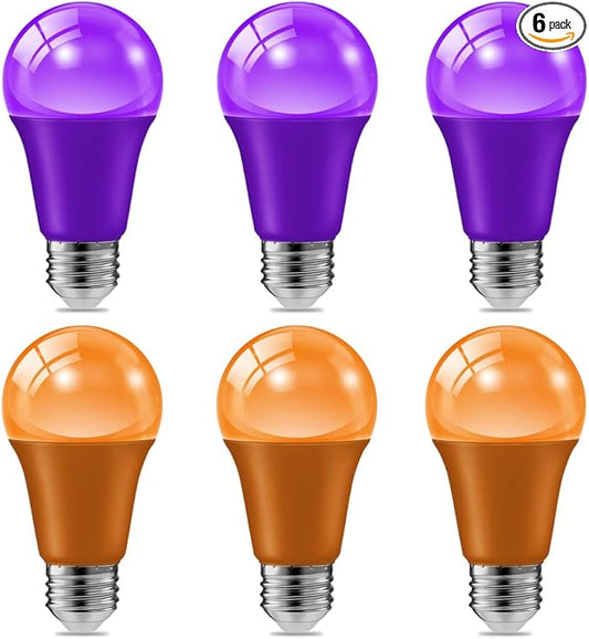 haraqi 6 Pack 9W (60W Equivalent) 120V E26 Base A19 LED Colored Light Bulb, Purple and Orange LED Lights for Party Christmas Decor and Halloween Lighting