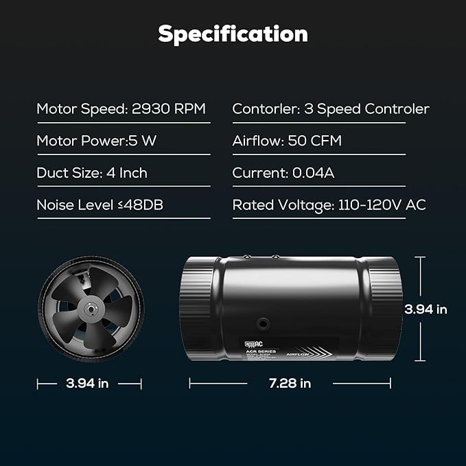 4 Inch Inline Duct Fan with Speed Controller –130 CFM, Ultra-Quiet 48dB, 5W Energy Efficient – for Grow Tents, Hydroponics, Attic, Greenhouse, Ventilation, Exhaust (4in Inline Fan)