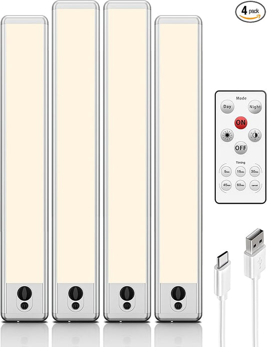 EZVALO Under Cabinet Lights, 14.5i'' Motion Sensor Light Indoor Dimmable, 4000mAh Rechargeable Closet Lights 3700K with Remote Control, Wireless Under Counter Light for Kitchen,Cabinet,Bedroom(4Pcs)
