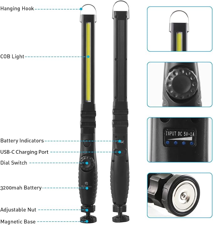 Dr. Prepare LED Work Light, 700 Lumens Foldable Rechargeable Work Light, 3200mAh Cordless Portable Magnetic COB LED Inspection Light for Car Repair, Home, Garage, Emergency, 2 Pack
