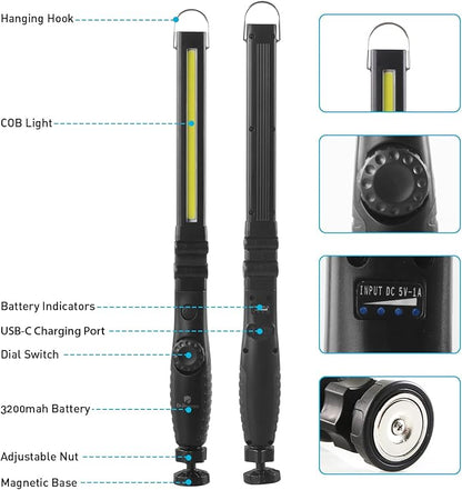 Dr. Prepare LED Work Light, 700 Lumens Foldable Rechargeable Work Light, 3200mAh Cordless Portable Magnetic COB LED Inspection Light for Car Repair, Home, Garage, Emergency, 2 Pack