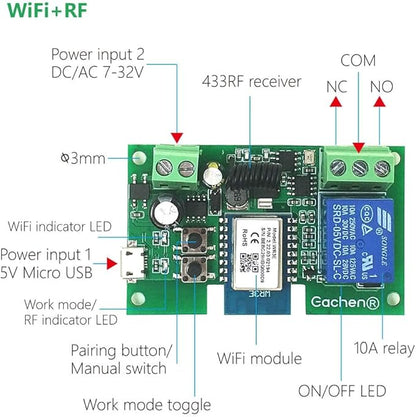 WiFi Inching/Selflocking Relay Modules WiFi Momentary Switch with 433 MHz RF Remote Control(Tuya SmartLife APP)