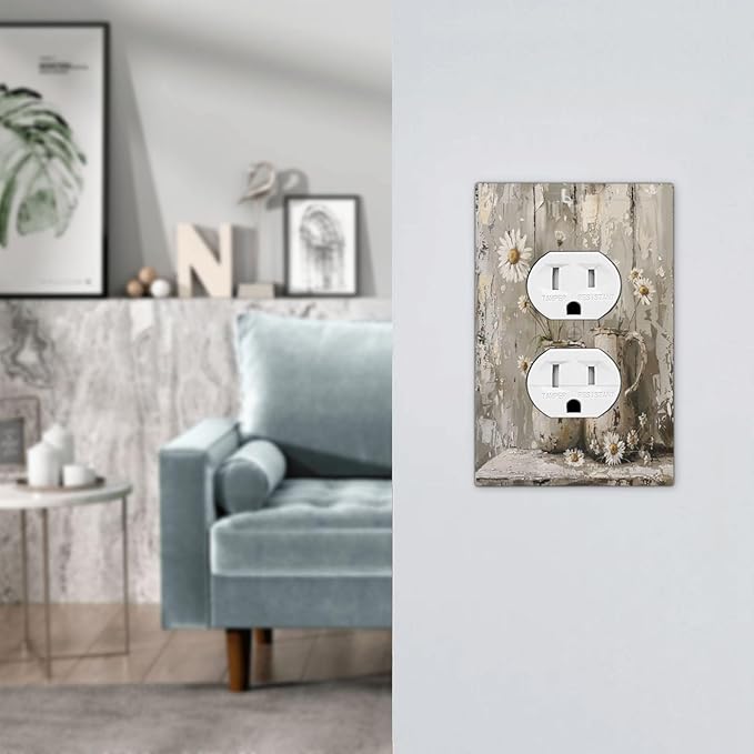 Outlet Covers Vintage Rustic Floral White Daisy Flower Oil Painting Style 1 Gang Duplex Wall Plate Decorative Switch Plates Electrical Receptacle Faceplate Light Switch Cover for Home