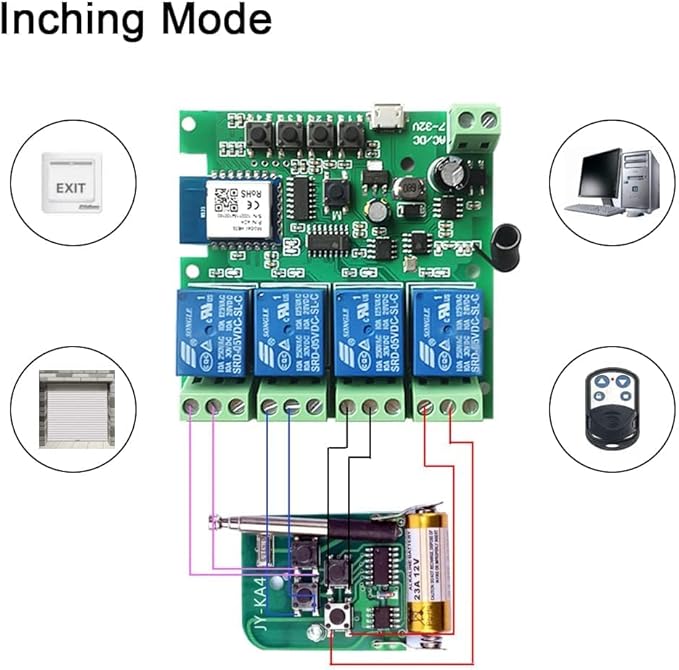 Tuya 4 Channel Updated USB 5V/DC/AC 7-32V, Momentary Inching Self-Locking Relay Module,Tuya App Remote Control,WiFi RF Bluetooth Switch Module,Dry Contact,Compatible with Alexa Goolge Home