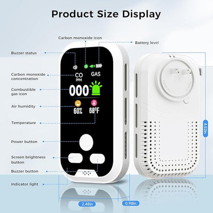 4-in-1 Carbon Monoxide & Natural Gas Detector, Plug-in CO and Gas Alarm with Battery Backup, Digital Display for CO, Gas, Temperature & Humidity, Home & RV Safety Device