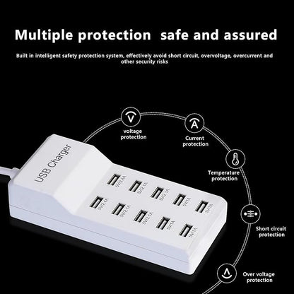 50W 10-Port USB Charging Station for iPhone 15/15 Pro/15 Pro Max/15 Plus/14/13/12/11/Xs Max/XR/X/SE White