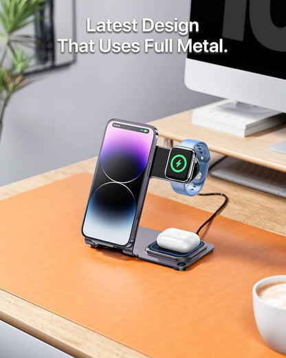 Intoval Metal Charging Station for iPhone 17/16/15/14/13/12/11/XS/XR/XS, 3 in 1 Wireless Charger for Apple Watch 11/Ultra 3/SE/10/9/8/7/6/5/4/3/2, for AirPods 4/Pro/Pro 2/3 (Y9,Purple)