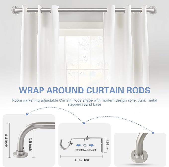 Nickel Wrap Around Curtain Rods 36 to 72 In:Blackout Heavy duty Adjustable Window Curtain Rod for Bedroom,Industrial Darkening Curved French Metal Single Drapery Rods Easy Install,Satin Nickel