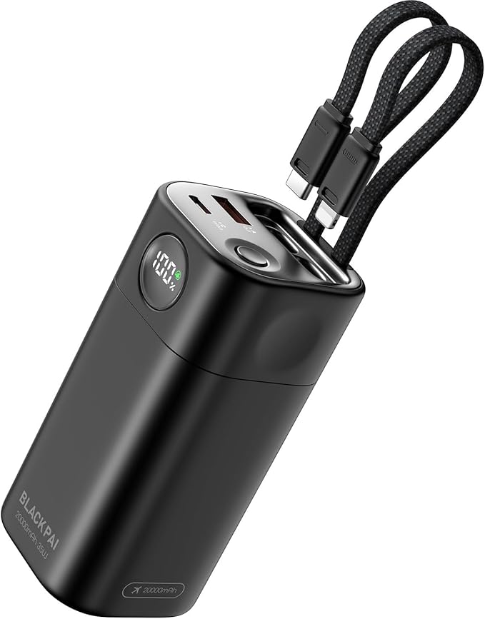 Portable Power Bank 20,000mAh, PD 35W Portable Charger Super Fast Charging with 2 Built-in Cables, USB-C Digital Display Battery Pack for iPhone Air 17/16/15/14/13, Portable Travel Charger