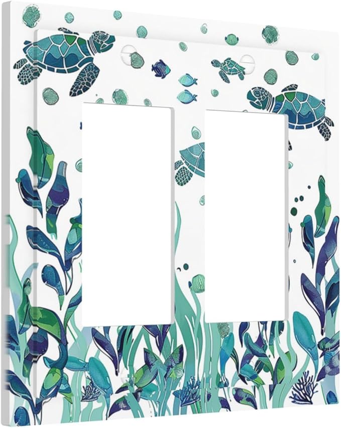 Decorative Outlet Covers Vibrant Turtle Seagrass Watercolor Painting 2 Gang Double GFCI Rocker Electrical Wall Panels Light Switch Cover Plate for Bathroom living Room Decor