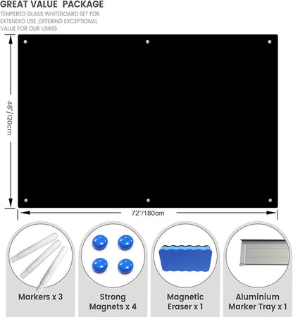 Magnetic Glass Writeboard 72"x48" Premium Tempered Dry Erase Boards Wall Mounted Frameless Whiteboard Bulletin Message Boards (Black)