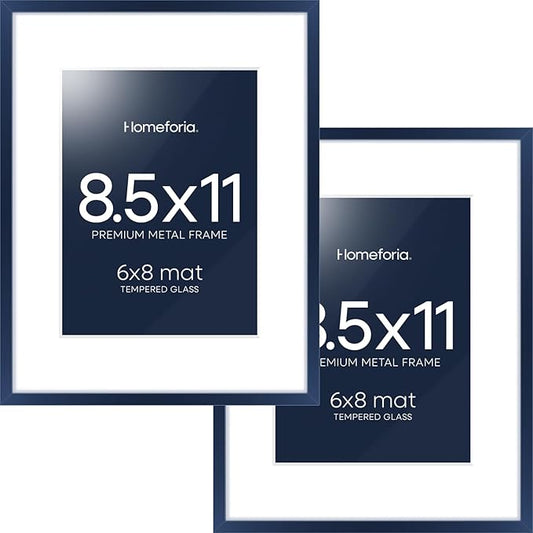 Homeforia 8.5x11 Navy Blue Frame, High End Metal 8.5 x 11 Picture Frames with Mat 6 by 8 inch Photo, 11x8.5 Poster Frame Matted to 6x8 Print, Wall or Tabletop Frame, Tempered Glass, Wall Kit, Set of 2