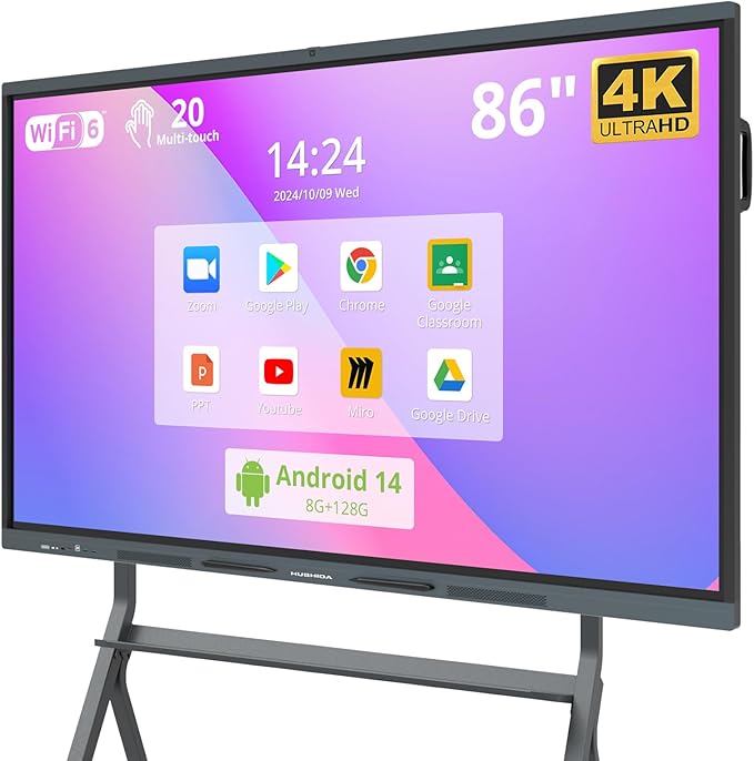 86″ Smart Board, 4K UHD Interactive Whiteboard with Android 14 System and 13MP Camera, All in One Digital Whiteboard for Home, Classroom and Business (Wall Mount Included)