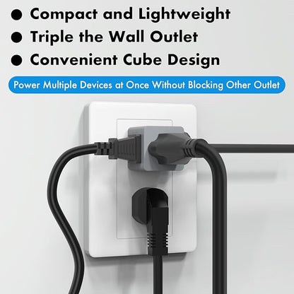 POWERCORDS 3 Power Blocks Outlet Splitter, 3 Pack, Grounded Wall Tap, 3-Prong Plug Adapter AC Multi Plug Wall Outlet, Power Splitter, Cruise Essentials, for Home Office School Dorm, UL Listed,Grey