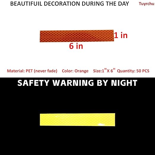 Non Fading Orange Reflective Stickers 1 inch X 6 inch, Outdoor Waterproof High Visibility Warning Safety Adhesive Reflector Tape (50 Pcs)