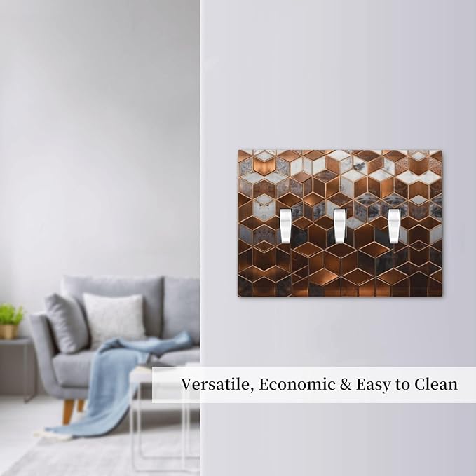 Brown Abstract Luxury Modern Geometric Cubic Marble 3 Gang Triple Toggle Decorative Light Switch Covers Electrical Faceplate Switch Plates for Bathroom Kitchen Home