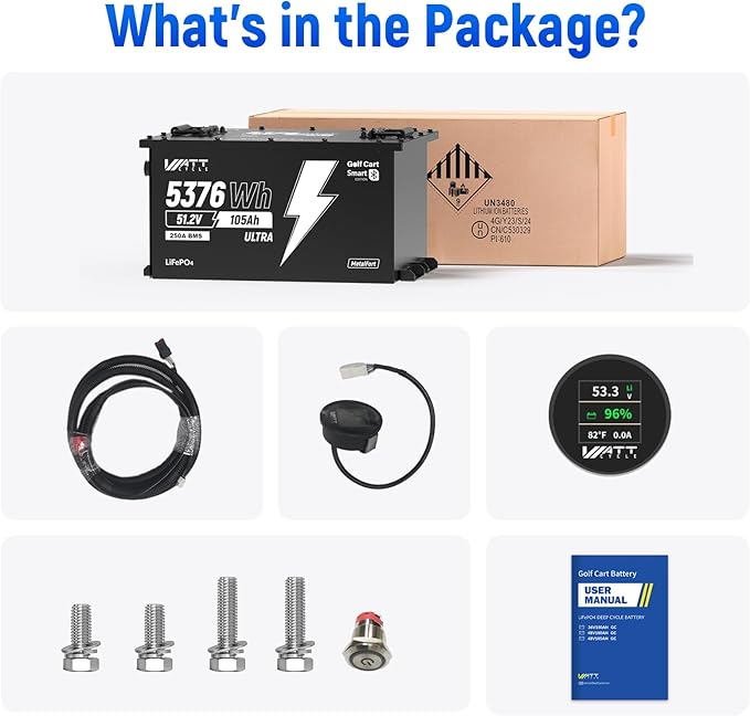 WattCycle 48V 105Ah Golf Cart Batteries, 48V Lithium Battery 250A BMS with 15A Charger, LiFePO4 Battery 15000+ Deep Cycles, IP65 Waterproof Marine Batteries, Built-in Bluetooth, Perfect for RV, Solar