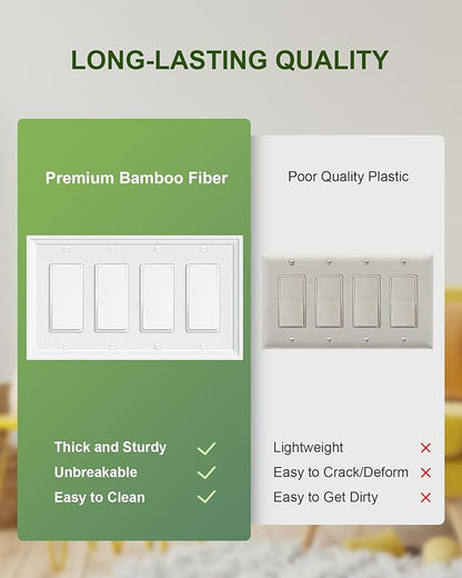 2-Pack Quad Decorator Outlet Cover Plate, White Decorative Switch Plates and Outlet Covers, Natural Bamboo Fiber Wall Plates for Electrical Outlets, Receptacle, GFCI Outlet, Dimmer Switch