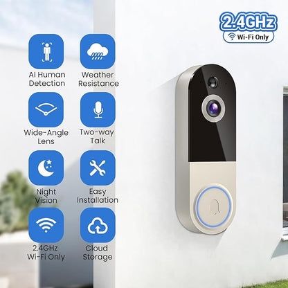 WiFi Video Doorbell Camera with Human Detection, Battery Powered, Night Vision, 2-Way Talk, 2.4G WiFi, Cloud Storage