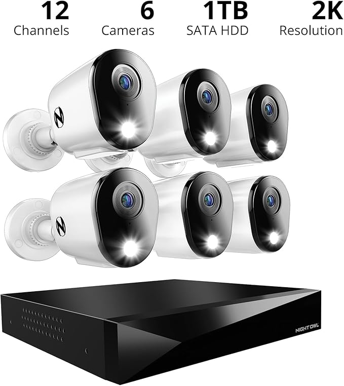 Night Owl 2-Way Audio 12 Channel DVR Video Home Security Camera System with (6) Wired 2K HD Indoor/Outdoor Deterrence Cameras and 1TB Hard Drive (Add up to 2 More Wired and 4 Wi-Fi Cameras)