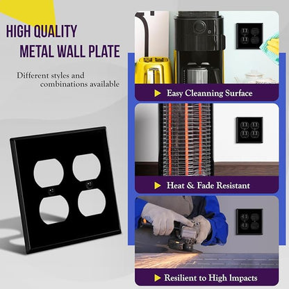 ENERLITES Duplex Receptacle Metal Wall Plate, Corrosion Resistant, Standard Size 2-Gang 4.50" x 4.57", Powder Coated Stamped Steel, 7722-BG, Black Gloss