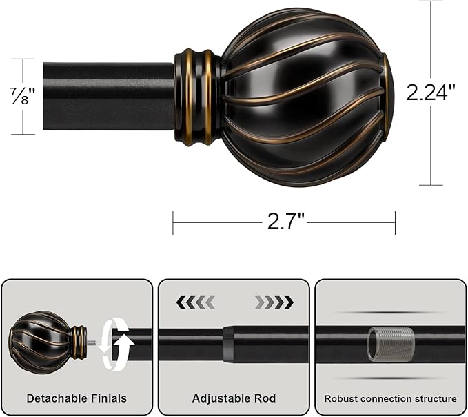 Black Curtain Rods for Windows 28 to 48 Inch 7/8" Diamete Heavy Duty Adjustable Window Curtain Rod with Decorative Finials for Farmhouse Bedroom Living Room Kitchen Outdoor