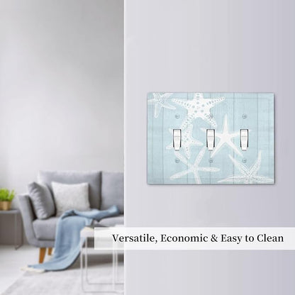 Beach Starfish Vintage Wood Rustic Country Ocean Decorative Switch Plates 3 Gang Wall Plate Triple Toggle Light Switch Cover Faceplate Electrical Wall Panels for Farmhouse Kids Room Decor