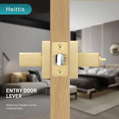 6 Pack Heavy Duty Square Brass Keyed Alike Entry Door Knobs, Locked Inside with Button Exterior/Interior Golden Door Handle Lever with 3 Universal Keys