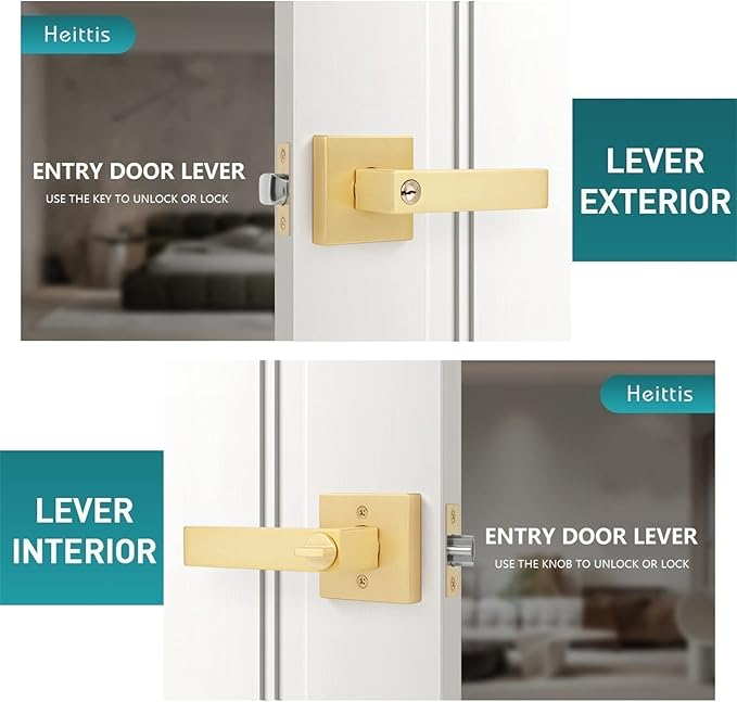 1 Pack Brushed Gold Door Knobs Heavy Square Gold Door Knob with Lock, Left/Right Hand Reversible, Door Lever for Front/Exterior, Gold Door Handles Interior